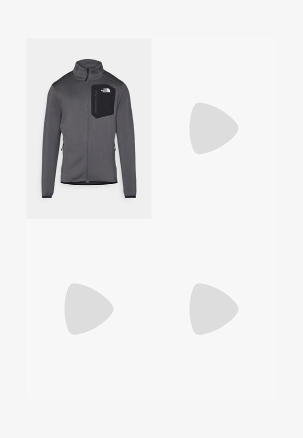 Grijze fleecejas met een hoge kraag, een rits aan de voorkant en een zwarte borstzak. Heeft elastische manchetten en zijritsen voor aanpassingsmogelijkheden.; Langarmige witte blouse van gladde, lichte stof. Heeft een ronde halslijn en een getailleerd ontwerp met naadloze constructie.; The North Face WIND PANT - Outdoorbroeken - monument grey; Sportschoenen met een grijze mesh bovenkant, zwarte rubberen zool, gele accenten en een versterkte neus. Heeft een flexibele constructie en een opvallend profiel.