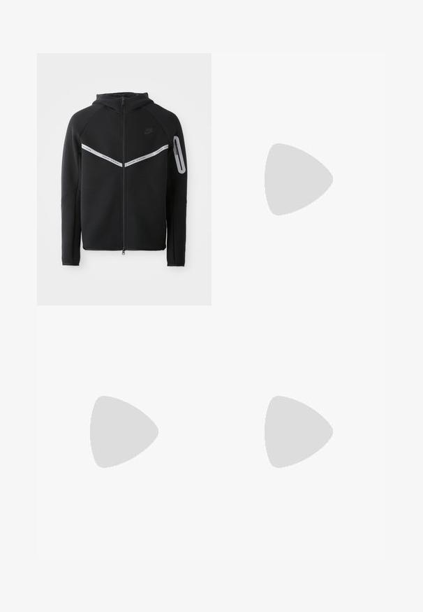 Sweatshirt preto com fecho de correr, apresentando uma faixa refletora no peito, capuz ajustável e um bolso lateral com fecho de zipper.; T-shirt de algodão preto com decote redondo e mangas curtas. Apresenta um logótipo da Nike rosa no lado superior esquerdo. Textura suave.; Calças de esqui pretas feitas de tecido impermeável com um corte descontraído. As características incluem bolsos com zíper e punhos ajustáveis para um ajuste seguro.; Sapatilha Nike preta com accents cinzentos, materiais em camurça e rede, sola texturizada, formato estreito e design clássico de atacadores.