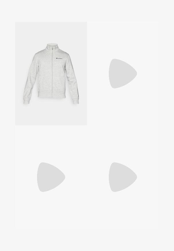 Champion ICONS CONTRAST FULL ZIP  - Mikina so zipsom - grey; Biela krátkopyjavová tričko s ribbed textúrou a okrúhlym výstrihom. Obsahuje čierny štítok vo vnútri goliera, jednoduchý dizajn bez vzorov.; Sivé bavlnené tepláky s elastickým pásom, zúženými nohavicami a malým vyšívaným logom s červenými a modrými akcentmi.; Biele atletické topánky s textúrovaným sieťovinovým zvrškom, v kombinácii so svetlomodrými rebrovanými ponožkami s logom. Šedé atletické šortky s perforovaným lemem.