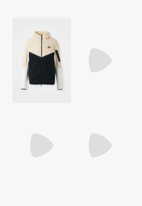 Nike zip-up hoodie z barvnim blokovanim dizajnom v bež, črni in beli barvi. Material je gladek, ima kapuco in žep z zadrgo na rokavu.; Bela bombažna majica s kratkimi rokavi, okroglim izrezom in zelenim grafičnim potiskom z besedo "NIKE" in logotipom. Gladka tekstura.; Črne denim hlače s ravnim krojem, z gumbom in zadrgo, pasom za obleko ter minimalnimi šivi.; Beli in črni superge s rdečimi akcenti, ki imajo teksturirano mrežasto zgornjše in vidno zračno blazinico v podplatu, prikazani v kombinaciji s temnimi jeans hlačami.
