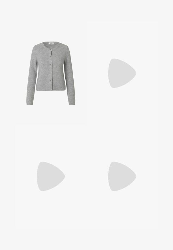 Gray knitted cardigan with a rounded neckline, full-length sleeves, and a button front. Soft texture with subtle stitching details.; Dark gray short-sleeve shirt with crew neck, front pocket, and scattered light gray dot pattern on sleeves, pocket, and hem.; Wide-leg pants in a textured brown fabric with a drawstring waist, featuring side pockets and a loose fit for comfort.; Black leather ankle boot with a pointed toe and a small heel. Features a side zipper with a gold hardware accent. Smooth texture.; Quilted dark brown tote bag with two large front pockets, leather handles, and small gold brand label at top center.