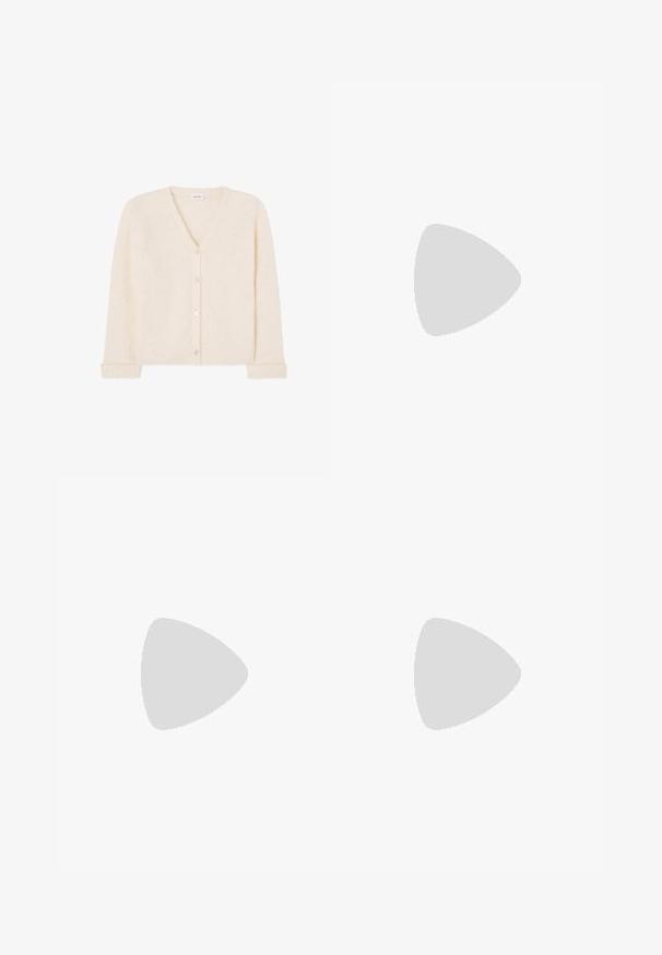 Kremna v-neck jopica iz puhaste pletenine, ki ima pet gumbov spredaj ter rebraste manšete in rob.; Telesna obleka teal barve s kratkimi rokavi, preprostim okrogličnim izrezom in rahlo asimetričnim oblikovanjem. Ima detajl stranske zaveze in mehak občutek.; Črne natikače z teksturirano gumijasto podlogo, dvema ozkima trakoma in subtilnim, vtisnjenim logom na traku.; Kornjačaste očala z ovalnimi lečami in gladko, sijočo površino. Imajo tanke stranice z rahlim ovinkom na templjih. Prosojne leče.