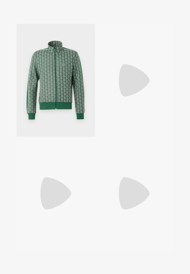 Chaqueta verde de cremallera con un patrón geométrico, puños y dobladillo acanalados, y un diseño rayado contrastante a lo largo de los hombros.; Camiseta de algodón blanca con mangas cortas, que presenta un logo de Lacoste en color marino y un gráfico de cocodrilo centrado en el pecho. Textura suave.; Pantalones cortos de algodón verde con una cintura elástica, dos bolsillos laterales tipo cargo y un pequeño detalle de logo en el bolsillo izquierdo.; Zapatillas de ante verde con una suela de goma blanca, que presentan una lengüeta y cordones blancos, y un logo sutil con "EST. 1933" en el lateral.