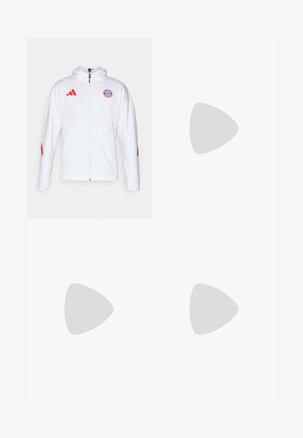 Balta pievilkšanas jaka ar sarkaniem akcentiem, kurai ir izšūta emblēma uz krūtīm un Adidas trīs svītru emblēma uz pleciem.; Sarkans kokvilnas T-krekls ar baltu trīs svītru logo un zilo uzrakstu "BAYERN MÜNCHEN". Ar apaļu kakla izgriezumu un īsām piedurknēm, vienkāršs dizains.; Zilā kokvilnas maisījuma sporta bikses ar baltām sānu svītrām, elastīgu jostasvīru un auklu. Kreisajā augšstilba pusē ir Redzēts Madrides "Real" logo.; Melnas sporta kurpes ar teksturētu acu augšdaļu, baltām akcentu svītrām, mīkstu zoli un pastiprinātu papēdi atbalstam.