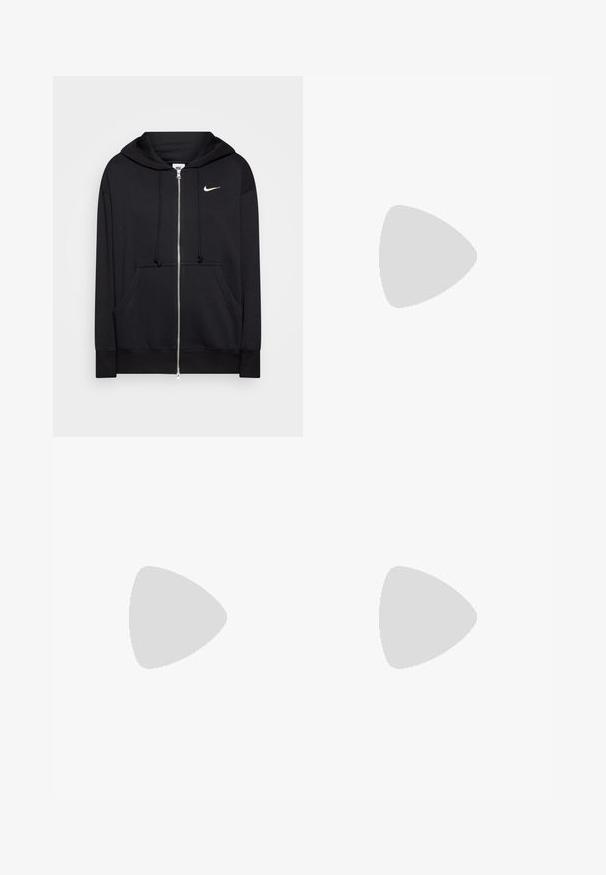 Svart zip-up hoodie i mjukt tyg, med huva, framfickor, ribbade ärmslut och en liten vit Nike-logga på bröstet.; Kortärmad crop top med en gradient från svart till beige. Slät yta, rund halsringning och en subtil logotyp på bröstet.; Breda blå denimjeans med hög midja, med en klassisk femficksdesign och sömmar längs sidorna för extra detalj.; Silverfärgade träningsskor med en slät, glänsande yta, med en sömnaddesign och siffran 90 på sidan, ihop med vita byxor.