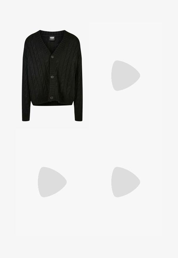 Urban Classics BOXY - Cardigan - black; ASPESI EXCLUSIVE CINEMA CLUB - Shirt - white; Black denim shorts with a faded gradient, featuring traditional five-pocket design, front button closure, and contrasting yellow stitching.; Dr. Martens ADRIAN - Slip-ons - black; Pier One by Zalando Tie - black