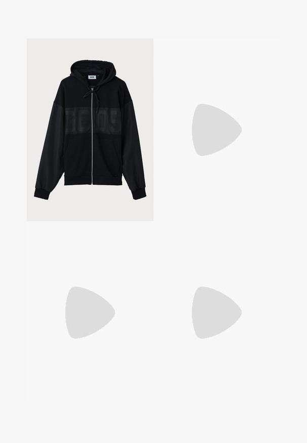 Black zip-up hoodie with a textured upper panel, hood, front pockets, and elastic cuffs. Features a tonal logo across the chest.; Black short-sleeve crew neck t-shirt with small white "Filling Pieces" text logo on the left chest.; Beige wide-leg trousers with a high waist, two front pleats, and a single button closure. Made from a textured fabric with a subtle pattern.; Black woven slip-on shoe with a smooth leather accent on the upper, a round toe design, and a low-profile rubber sole.