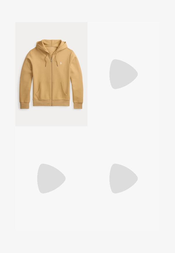 Hoodie zippé beige clair avec poches avant, cordons de serrage et petit logo blanc Polo Ralph Lauren sur la poitrine gauche.; T-shirt en coton blanc avec un col rond bleu marine et des accents sur les manches. Il présente un petit détail en forme de bouton jaune et un brodé "NORTHEAST RL ATHL."; Shorts en mélange de coton beige avec une taille élastique, un détail de cordon de serrage et des ourlets roulés. Texture lisse, sans motifs ni accessoires.; Baskets en beige, crème et vert olive, dotées de matériaux en daim et cuir, d'un bout rond, d'un design minimaliste et d'une semelle en caoutchouc.