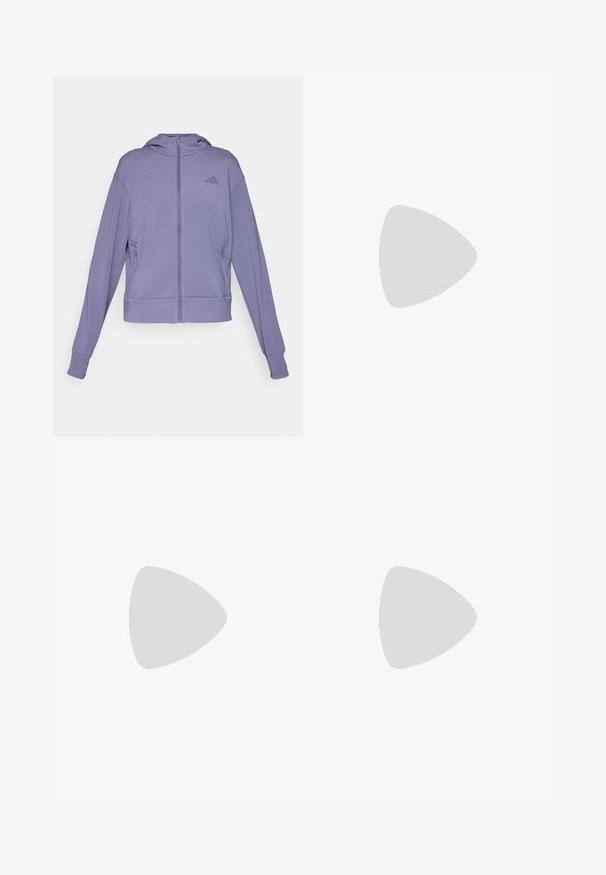 Lilla zip-up hettegenser laget av myk stoff. Har hette, to sidelommer og ribbestrikkede mansjetter med et preget logo på brystet.; Lilla treningstop laget av glatt stoff med en tettsittende design, med rund hals og en hvit Adidas-logo på brystet.; Hvite sportsbukser med elastisk midje og justerbar snor. Laget av lett materiale, med sidelommer og løs passform.; Beige atletik sko med rosa tre-stripes logo, teksturert mesh-overdel, polstret krage og hvit gummisåle, med "LIGHTSTRIKE" merke.