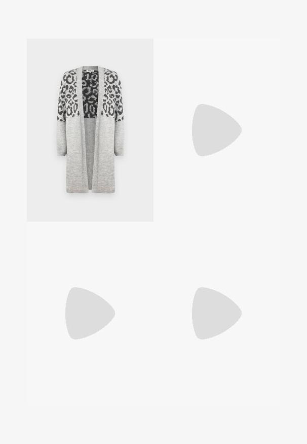 Gray knitted cardigan with long sleeves and an open front. Features a black leopard print design on the upper part. Soft texture.; Gray turtleneck shirt made of smooth, stretchy fabric. Long sleeves, fitted design, minimal texture, with no visible patterns or hardware.; Light blue high-waisted jeans with a straight-leg design. Crafted from denim, featuring five pockets and a button-fly closure.; Black suede and leather sneaker with a cream side swoosh and light cream heel. Features beige laces and a gum rubber outsole.