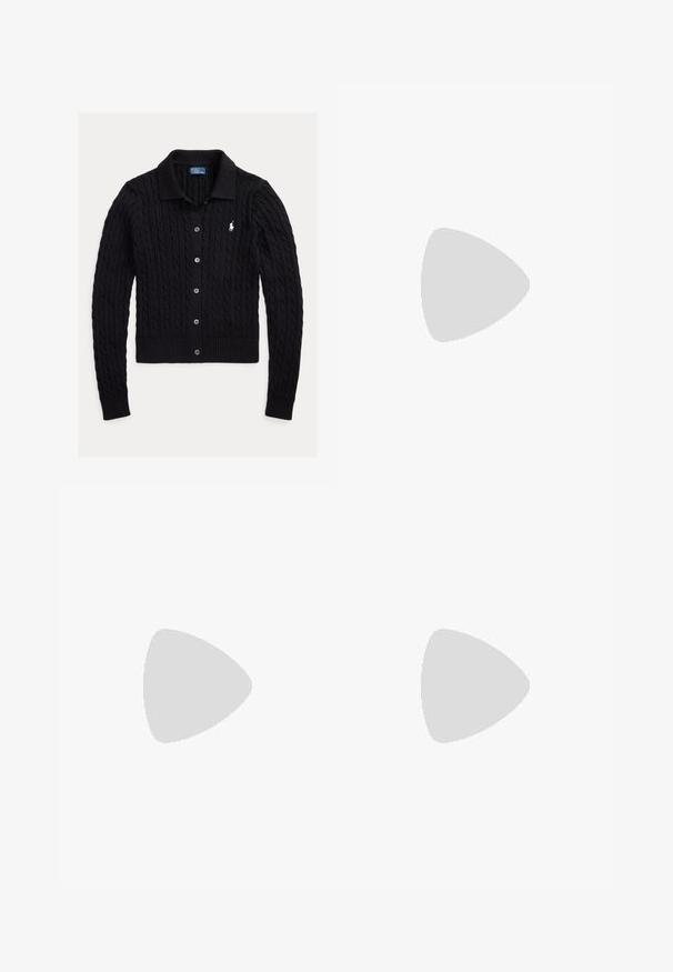 Cárdigan negro de punto con un patrón de trenzas, cuello de polo, cierre de botones y puños acanalados. Presenta un pequeño logo blanco en el lado izquierdo.; Sudadera sin mangas gris con un bolsillo delantero, diseño recortado y cordones; combinada con jeans ajustados grises. Textura suave y estilo casual.; Pantalones de chándal negros con botones a presión en los laterales, cinturilla elástica y dos bolsillos laterales. La tela parece suave con una textura lisa.; Zapatillas de ante negro con suela de goma plana, que presentan paneles texturizados, un diseño de cordones y un sutil logo en el lateral.
