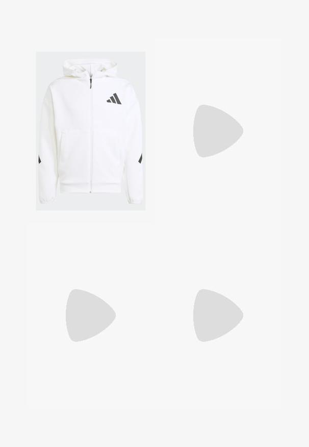 Sudadera blanca con cremallera y capucha. Presenta un logo negro y detalles en los hombros. Hecha de material suave, con textura lisa. Incluye bolsillos frontales.; Camiseta deportiva blanca de manga corta, con detalles en negro, rojo y amarillo en los hombros. Cuello de canalé, tejido ligero.; Pantalones deportivos blancos con detalles en negro, confeccionados en una tela suave, que cuentan con una cintura elástica, cierre con cordón y bolsillos laterales.; Zapatillas deportivas blancas con una parte superior de malla texturizada, suela acolchada y soporte, y un diseño de tres rayas en el lateral.