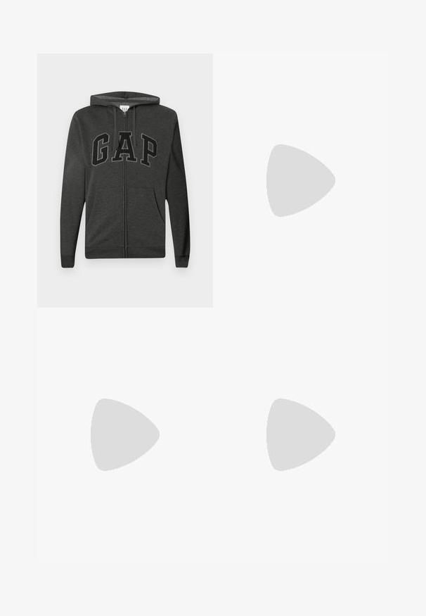 Dark gray zip-up hoodie with front pockets, adjustable drawstring hood, and large black outlined "GAP" letters across the chest.; Button-up shirt in light blue corduroy, featuring a button-down collar and a circular logo on the left chest, with long sleeves and cuffs.; Black denim jeans with a straight leg cut, featuring a zipper fly, front pockets, and a classic five-pocket design. Soft, sturdy texture.; Beige cotton pants with playful embroidered designs including a pink character and colored block, paired with black lace-up sneakers.