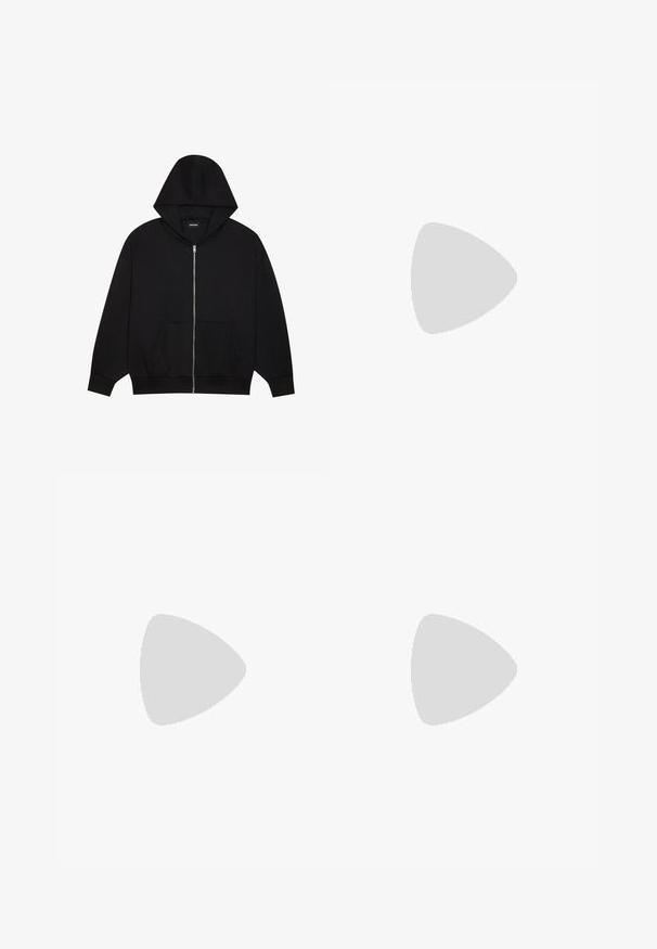 Crna zip-up majica od mekog materijala, s kapuljačom, prednjim džepovima i rebrastim manžetama i donjim rubom. Minimalistički dizajn bez uzoraka.; Set od tri osnovne majice u crnoj, bijeloj i svijetlosivoj boji. Kratki rukavi, okrugli izrez, izrađene od glatkog pamučnog materijala. Vidljiv logotip branda.; Redefined Rebel IAN REGULAR FIT - Kratke hlače - dark green; Crna kožna loaferica s resicama, koja ima čvrst crni potplat i žute šavove duž ruba. Teksturirana završna obrada.