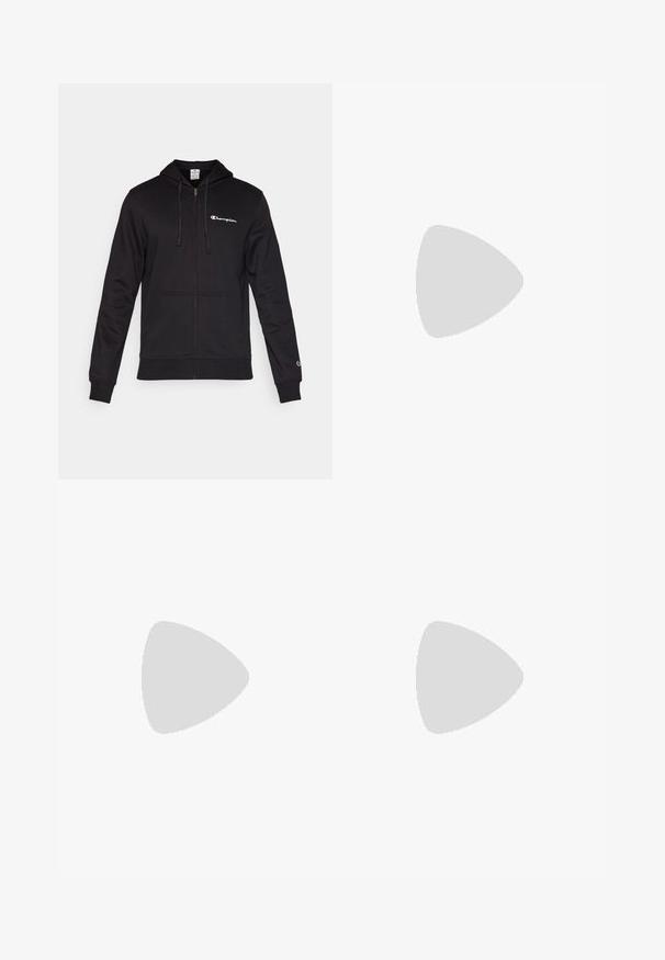 Black zip-up hoodie made of cotton. Features a drawstring hood, two front pockets, and a small Champion logo on the left chest.; White cotton t-shirt with a crew neckline, short sleeves, and a black embroidered "Champion" logo on the chest and sleeve accent.; Black athletic shorts made of smooth fabric, featuring an elastic waistband and a small white Champion logo on the lower left side.; Black athletic shoes featuring a mesh upper, white accents, textured sole, and a red heel tab for added detail.