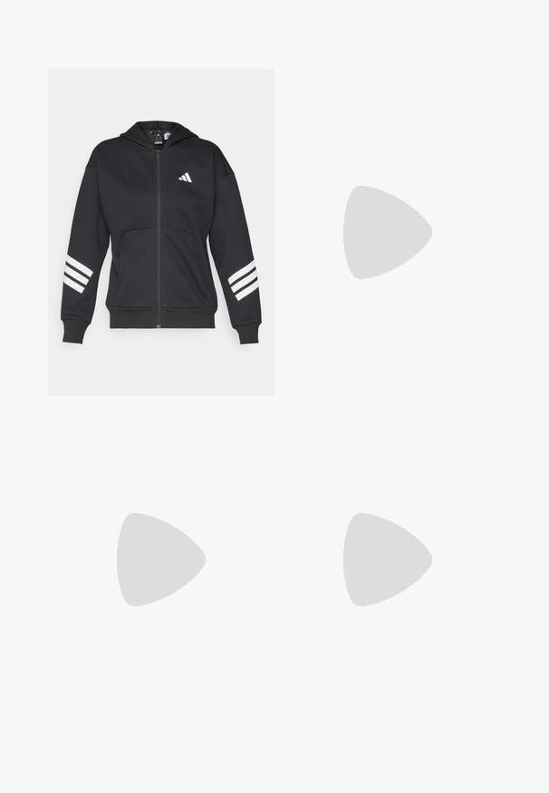 Svart zip-up hettegenser laget av sweatshirtmateriale, med en frontlomme, hette og tre hvite striper på ermene. Adidas-logo på brystet.; Svart T-skjorte med korte ermer laget av mykt stoff. Har en hvit Adidas-logo og kontrasterende hvite striper langs sidene.; Svarte leggings laget av elastisk materiale, med høy midje og en liten hvit logo, med en glatt, matt finish.; Svarte treningssko med hvite striper, olivengrønne shorts og marineblå sokker. En hoppetau er i personens hender. Nøytral bakgrunn.