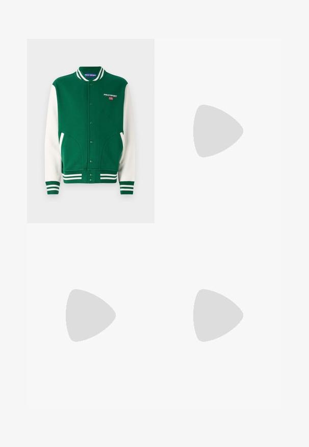Green cotton sweater jacket with white sleeves, ribbed cuffs, and stripes. Features a buttoned front and "POLO SPORT" logo on the chest.; Green polo shirt made of cotton, featuring red and yellow embroidered patches, including a British flag, and "RL Racing" text on the front.; Black athletic pants in lightweight fabric, featuring a drawstring waist and white side stripes. Loose fit with a smooth texture.; Green suede sneaker with white leather accents, featuring three white stripes and a gum rubber sole. "Gazelle" printed in gold.