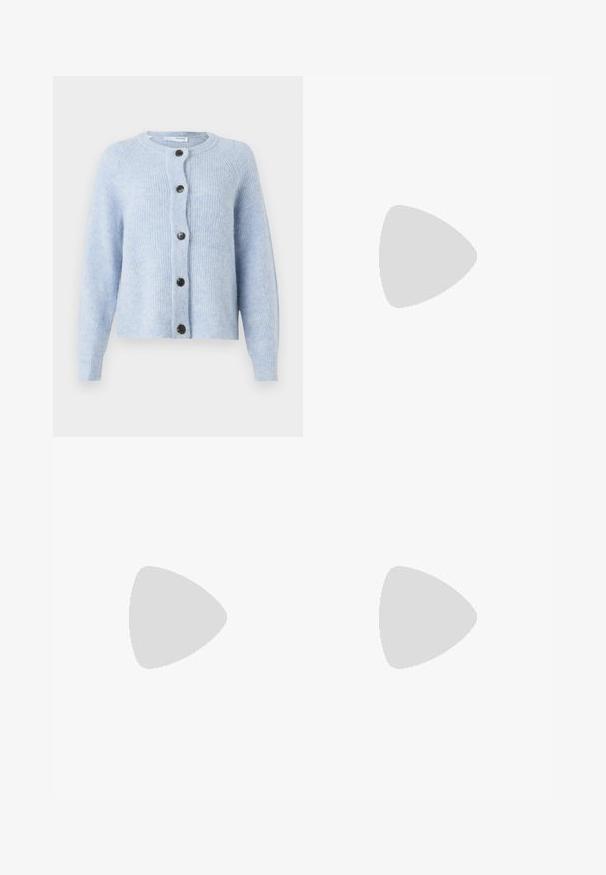 Light blue cardigan made of soft, ribbed material, featuring a round neckline, long sleeves, and six black buttons down the front.; White turtleneck long-sleeve top made of ribbed fabric, with a slim fit and minimalistic design. No visible patterns or accents.; Brown pinstriped wide-leg trousers with a smooth texture and classic design, featuring a waistband and front pleats for tailored fit.; Burgundy patent leather ballet flat with a rounded toe, small bow accent at the front, and a low, black rubber sole. Smooth texture.