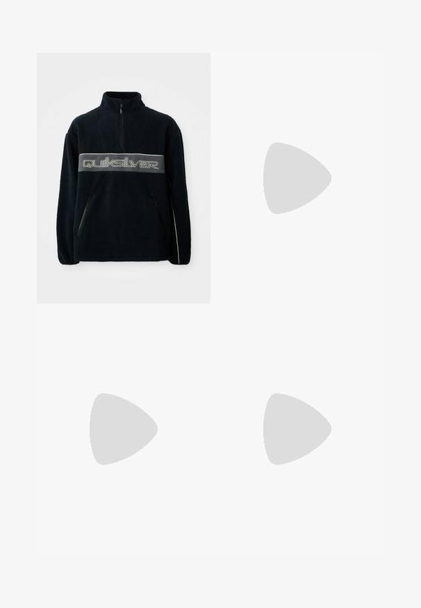 Pulover negru din fleece, cu guler cu fermoar pe un sfert, buzunare laterale cu fermoar și un logo mare Quiksilver pe piept, în gri.; Tricou gri cu mânecă scurtă, realizat din bumbac moale, având decolteu rotund, textură netedă și fără modele sau accente vizibile.; Pantaloni largi din denim închise la culoare, cu talie beltată, având buzunare frontale și cusături contrastante. Textură netedă cu un design simplu.; Cămașă bej cu nasturi, pantaloni albi și adidași gri. Cămașa are o croială lejeră, iar adidașii au o suprafață texturată și un design cu șireturi.