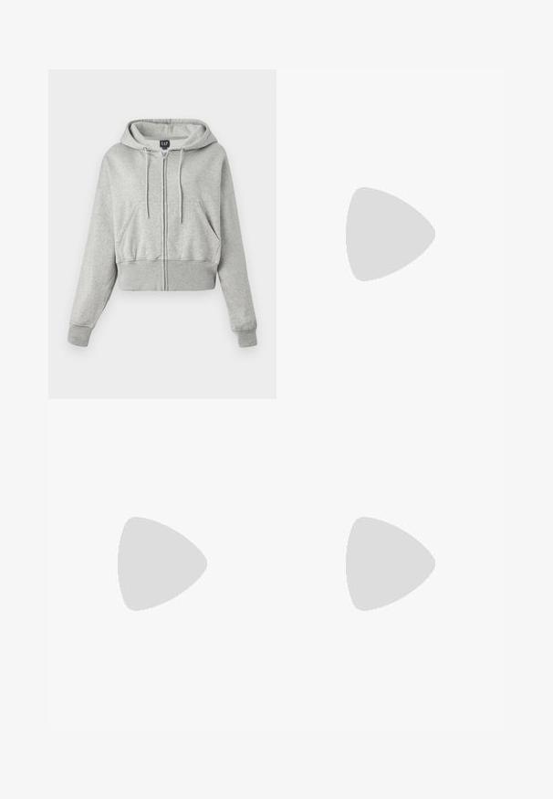 Cropped gray hoodie made of soft fabric, featuring a front zipper, drawstring hood, and two front pockets with ribbed cuffs.; White sleeveless top made of ribbed fabric, featuring a round neckline and a button-down front with clear buttons.; Black wide-leg pants with an elastic waistband and drawstring, featuring white embroidered accents along the side seam. Smooth texture.; White leather sneaker with beige suede accents, perforated toe box, flat laces, and a textured cream sole. Features subtle branding on heel.
