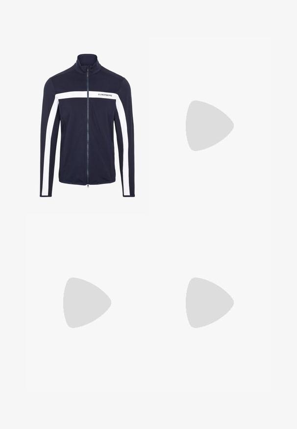 Navy takki vetoketjulla, korkea kaulus ja valkoiset sivuhaitarit. Valmistettu sileästä, joustavasta kankaasta; rinnassa on logo.; Raidallinen poolopaita, jossa on tummansinisiä ja valkoisia vaakasuoria raitoja, kaulus, kolmipainikepääntie ja lyhyet hihat. Pehmeä kangas.; adidas Golf PANT - Housut - black; Valkoiset urheilukengät mustilla raidoilla, joissa on teksturoitu kumipohja, sileä nahkainen päällinen ja pehmustettu kaulus tuen tarjoamiseksi.