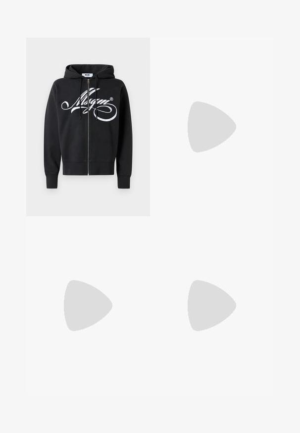 Svart zip-up hettegenser med hvit kursiv logo over brystet, snorer, lange ermer og ribbede mansjetter og nederkant.; Svart bomulls T-skjorte med korte ermer, med et hvitt rektangulært logo med "MSGM" i fete svarte bokstaver over forsiden.; Icecream RUNNING PUPPY  - Jeansshorts - indigo; Svart semsket sneakers med snøring og kontrasterende hvit gummisåle. Har teksturerte sidepaneler og subtil merkevare på hælen.