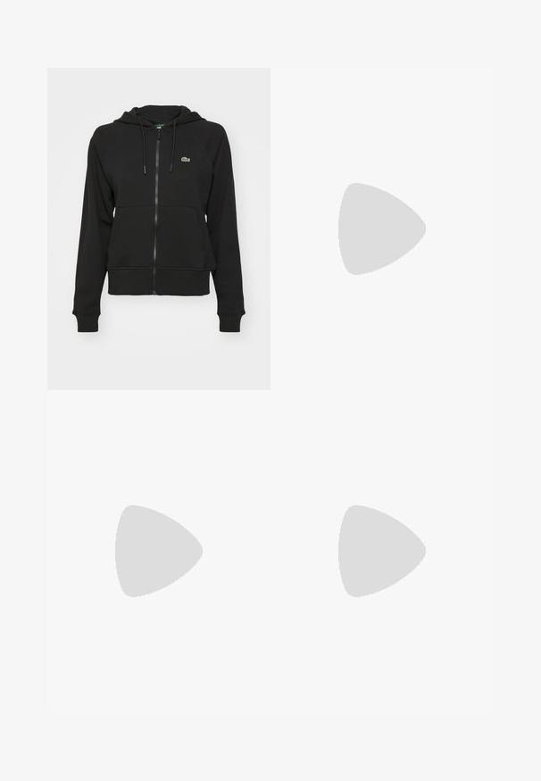 Black zip-up hoodie made of soft fabric, featuring a kangaroo pocket, ribbed cuffs, and a small green logo on the upper left chest.; Black cotton t-shirt featuring short sleeves and a crew neck, with a small white Lacoste logo positioned on the left chest.; White shorts with a ribbed waistband, featuring an inner green layer and pleated accents at the hem. Lacoste logo on the left side.; ASICS SOLUTION SWIFT FF 2 - Multicourt tennis shoes - white/ube
