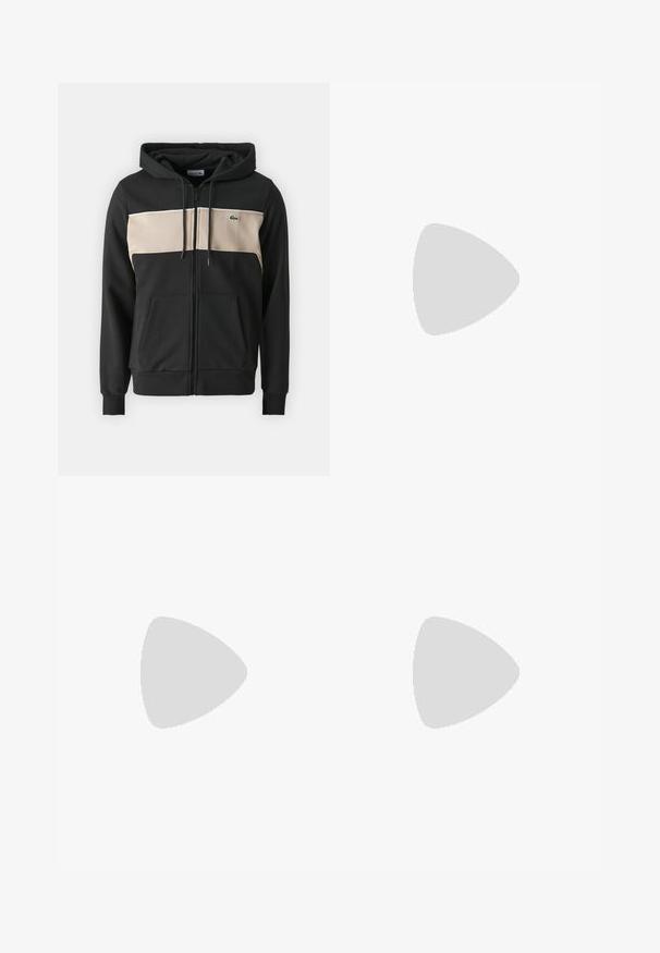 Svart zip-up huvtröja med en krämfärgad horisontell panel över bröstet, med en liten grön logotyp. Mjuk tyg med framfickor.; Marinblå långärmad t-shirt i bomull, med rundad halsringning och en liten grön krokodil-logotyp på vänster bröst.; Beige bomullsmixbyxor med elastiskt midjeband, rak ben design, slät front och fickor på sidan. Perfekta för avslappnad användning.; Gröna canvas sneakers med vita snören och en vit hälkappa. Har en Lacoste-logotyp i vitt. Klassisk låg topp-silhuett och gummisula.
