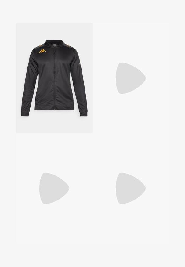 Black zip-up sports jacket made of smooth fabric. Features a stand collar, long sleeves, and gold logos on the shoulders.; Short-sleeve T-shirt featuring a black upper section, white middle, and gray lower half. Includes striped accents on sleeves. Soft fabric.; Black athletic pants made from smooth, lightweight material. Features an elastic waistband and slim fit with zippered pockets.; Black athletic shoes featuring a mesh upper, lace closure, textured outsole, and a dark grey accent on the side. Lightweight and durable design.