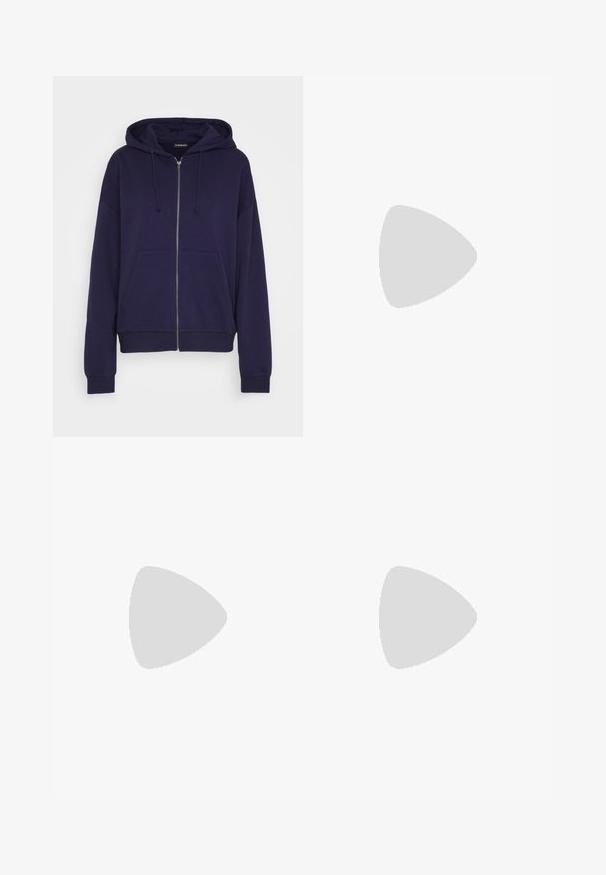 Even&Odd Hoodie - dark blue; Long-sleeve shirt in light gray, featuring a square neckline, slim fit, and smooth fabric. Includes tags attached at the neckline.; Navy blue sweatpants made of soft fabric, featuring an elastic waistband with drawstring, elastic cuffs, and a small white logo.; Navy blue sneakers with leopard print accents, white Nike swoosh, brown laces, and white midsole. Paired with light denim cargo pants.