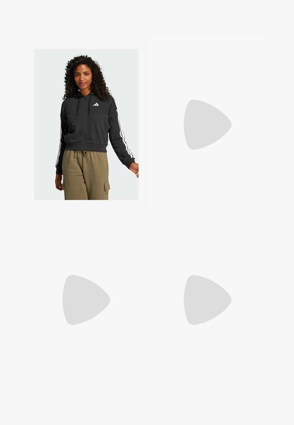 Čierna mikina na zips s kapucňou a bielym logom Adidas na hrudi; má biele pásiky pozdĺž rukávov.; Ružový rebrovaný kratší top s krátkym rukávom, ktorý má zaoblený výstrih a priliehavý strih. Hladká textúra s čistým, jednoduchým dizajnom.; Čierne športové šortky s elastickým pásom, sťahovacou šnúrkou, bočnými bielymi pruhmi a malým bielym logom na dolnom leme. Hladká textúra.; Béžová atletická obuv s ružovým logom trojpruhov, textúrovaný sieťový zvršok, polstrovaný golier a biela gumová podrážka s označením "LIGHTSTRIKE".