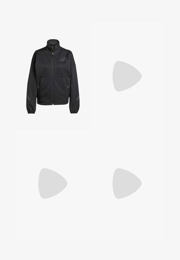 Svart glidelåsjakke laget av mykt materiale, med høy krage, to frontlommer og reflekterende detaljer i et elegant design.; Svart ribbet sports-bh med V-hals og brede stropper. Har en liten hvit logo på venstre side. Myk, elastisk stoff.; Mørkeblå leggings med hvite sidelister og et merke logo på den nederste delen av benet. Laget av elastisk materiale for komfort og bevegelse.; Hvit sportssko med svarte diagonale striper, mesh-overdel, rund tå og teksturert såle. Detaljene inkluderer en sølvfarget hæl og minimalistisk design.