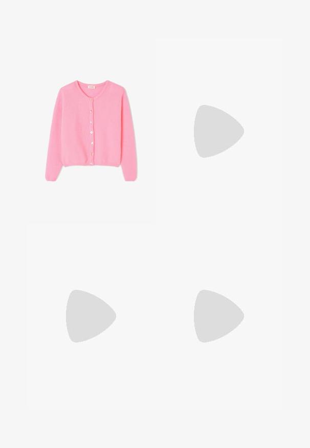 Pink knit cardigan with a round neckline, long sleeves, and buttons down the front. Soft texture, fitted hem, and a classic design.; Light pink sleeveless t-shirt made of soft fabric, featuring a round neckline and a small square logo patch on the left chest.; Light blue wide-leg jeans, made of denim, featuring a classic five-pocket design and a straight cut with minimal fading on the legs.; Black canvas high-top sneakers with a rubber toe cap, white laces, and Converse logo patch. Features contrasting white sole and stitching.; Yellow leather handbag with a textured handle, zippered compartments, and embossed logo. Features a curved shape and side pockets.