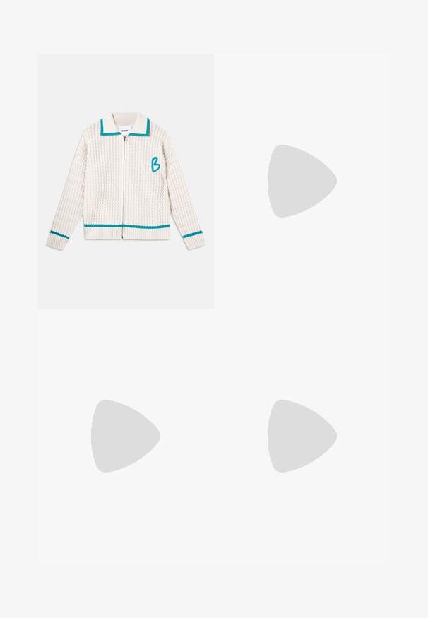 Knit cardigan in cream with a textured pattern. Features a zip front, turquoise collar and hem accents, and an embroidered letter "B."; Navy blue t-shirt made of soft fabric, featuring a round neckline and short sleeves, with a relaxed fit and no visible patterns or accents.; Light blue wide-leg jeans with a faded wash, featuring single-button closure, five pockets, and contrasting stitching.; Brown suede slip-on shoe featuring light blue decorative embroidery, a low profile, and a beige rubber sole with textured grip.