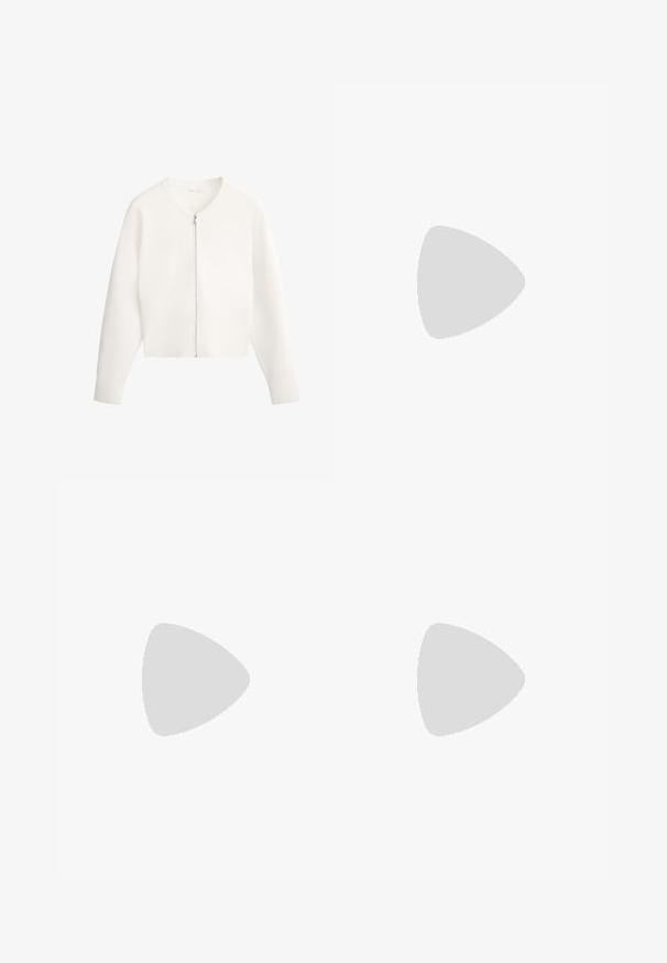 Bel bela pulover s kratkimi rokavi in okroglo ovratnikom, z dolgimi rokavi in polnim zadrgo na sprednji strani. Tkanina se zdi mehka z gladko teksturo.; Rjav športni crop top z gladko teksturo, z visokim ovratnikom in križnimi naramnicami na hrbtu za dodatno oporo.; Visoko pasne legice z mornarsko modrim telesom in belimi stranskimi paneli. Narejene so iz raztegljive tkanine z gladko teksturo, primerne za aktivno nošnjo.; Bela tekaška obuvala z mrežasto zgornjim delom, lahko zasnovo, gladkim zaobljenim podplatom in črnim gumijastim podplatom. Ima ravne vezalke in minimalne okraske.