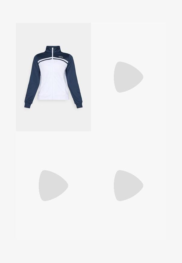 Tamno plava i bijela zip-up trenirka s dugim rukavima, koja ima visoki ovratnik i horizontalni prugasti uzorak preko prsa.; Bijela majica kratkih rukava od lagane tkanine. Ima okrugli izrez i mali obojeni logo na lijevoj strani prsnog koša. Jednostavan dizajn.; Mornarske atletske hlače od glatkog materijala, sa suženim dizajnom, elastičnim pojasom i bijelim bočnim trakama. Sadrže dva džepa.; Svijetlo bež atletska cipela s teksturiranim gornjim dijelom, kontrastnim bijelim detaljima, okruglim vrhom i fleksibilnom gumenenom potplatu.