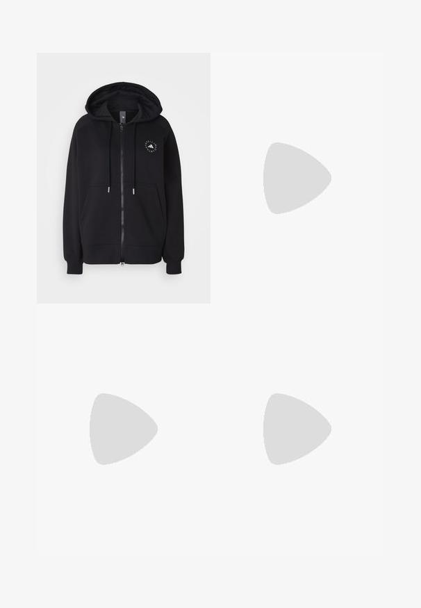 Haut de survêtement noir zippé avec capuche à cordon, poches kangourou et logo circulaire sur la poitrine gauche. Tissu doux et poignets côtelés.; T-shirt en coton blanc avec un col rond, des manches courtes et un ourlet arrondi. Texture lisse, sans motifs ni accents.; adidas by Stella McCartney Leggings - bahia blue/dove grey/team navy; Baskets blanches de sport avec un accent léopard noir et orange. Caractéristiques : tige en tissu texturé, semelle en caoutchouc et système de laçage.