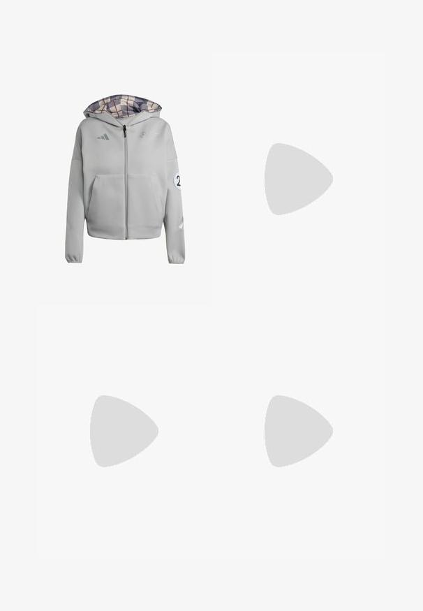 Grijze zip-up hoodie met een patroon van paarse ruit in de capuchon, voorzak en logo-details op de borst en mouw.; Witte sportieve crop tanktop gemaakt van ademend materiaal. Beschikt over een ronde halslijn, geperforeerde textuur en een zwart logo aan de voorkant.; Zwarte joggingbroek van zacht materiaal met een elastische tailleband, trekkoord en taps toelopende manchetten, met een subtiele logo aan de zijkant.; Hardloopschoen met een lichtgewicht mesh bovenwerk in lichtgroen en roze strepen, paarse accenten en een dikke witte zool met de tekst "LIGHTSTRIKE PRO."