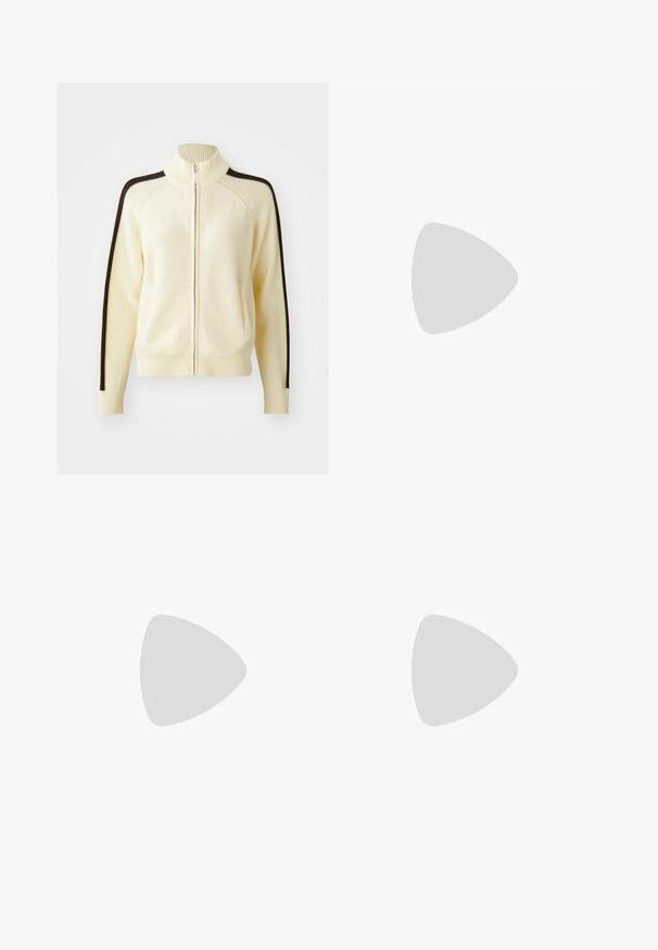 Cream zipper cardigan with a high collar, featuring dark brown side stripes, ribbed cuffs, and two front pockets. Knitted texture.; Even&Odd by Zalando 3 PACK - Basic T-shirt - black/white/khaki; Jaded London BLOOMER SHORTS - Shorts - black; Buffalo London Trainers - white