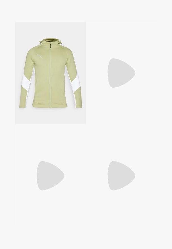 Casaco atlético verde-claro com fecho zip na frente, painéis laterais brancos e capuz. Apresenta o logótipo da Puma em branco no canto superior esquerdo. Textura de tecido suave.; T-shirt de manga curta cinza claro feito de tecido suave. Apresenta um decote redondo e um pequeno logótipo branco da Puma no lado esquerdo.; Calças de fato cinza escuras com uma textura suave, ajuste afunilado, cintura elástica e um pequeno logótipo na coxa esquerda. Sem bolsos visíveis.; Chuteira de futebol preta com parte superior sintética texturizada, detalhes em prata e design de cadarço. Apresenta uma sola moldada com cravos visíveis para tração.