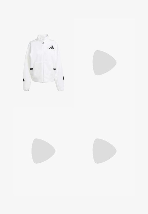 White zip-up jacket made of a soft fabric, featuring a stand-up collar, black accents, and a logo design on the left chest and sleeves.; White cotton t-shirt featuring a round neckline, short sleeves, and a curved hem. Smooth texture with no patterns or accents.; Light grey leggings with a high waistband, smooth texture, and a small black logo on the left thigh. Subtle stitching details throughout.; White athletic shoe with a knit upper, textured lateral panels, and a cushioned white sole. Features laces and a reinforced toe cap.