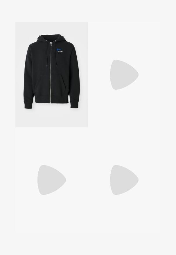Svart hettegenser med glidelås, frontlommer, hette med snor, og liten blå Nike-logo med teksten "Athletic Dept Just Do It" på brystet.; Grå t-skjorte med kort erme laget av bomull, med en svart Nike-logo på brystet og rund halslinning. Minimalistisk design uten mønstre.; Svarte bomullsshorts med snøring i livet, sidelommer og stort hvitt Nike-logo trykket på venstre lår. Klassisk atletisk design.; Svarte lær Nike Air Force 1 sneakers med røde detaljer, som har en glatt tekstur, perforert tå og kontrasterende røde sting.