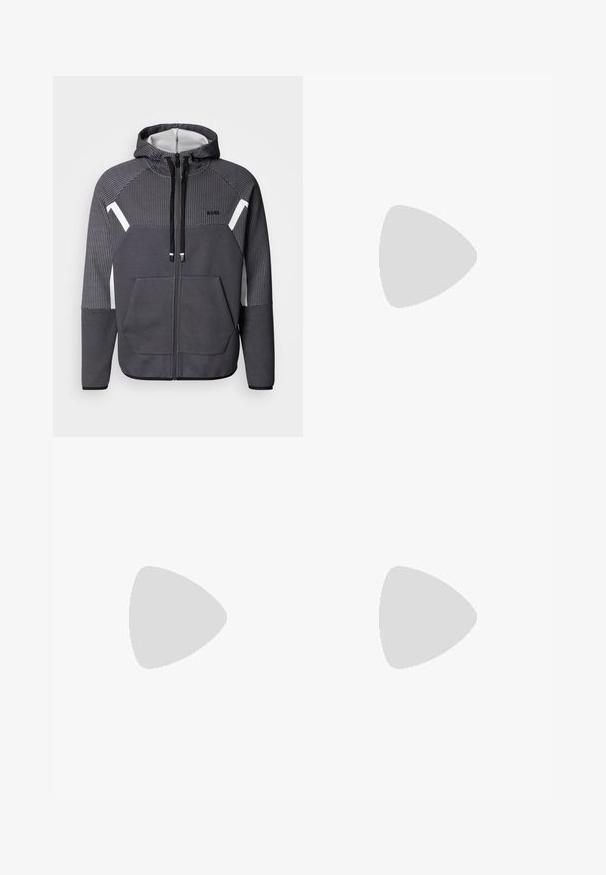 Siva zip-up kapuca s teksturiranim uzorkom, bijelim akcentima, dva prednja džepa i kapuljačom s vremenom. Ima sportski, moderan dizajn.; Črna kratkotrajna majica s kratkimi rokavi iz mehkega blaga, z okroglim izrezom in subtilnim logotipom na sprednji strani. V notranjem ovratniku je oranžni poudarek.; Svetlozeleni hlače ravnega kroja, z ravnim pasom, dvema stranskima žepoma in gladko teksturo tkanine. Brez vidnih vzorcev ali kovinskih delov.; Črne superge z gladkim usnjenim zgornjim delom, okroglo konico, ravnimi vezalkami, oblazinjeno ovratnikom in minimalističnim dizajnom. Gumijast podplat z diskretnim profilom.