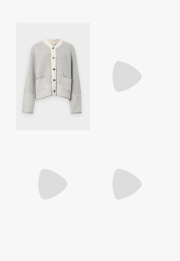 Hallide ja kreemjate toonide villa segu kardigan, millel on vertikaalne soonikmuster, kalasaba krae, kuus tumedat nuppu ja kaks esitaskut.; Beez värvi pika varrukaga särk kergest kangast, millel on klassikaline krae, peidetud nööbiplokk ja diskreetsed õmbluse detailid varrukatel.; MM by MaxMara EFFETTO - Püksid - sand; Paul Smith AMIRA - Klassikalised kontsakingad - black