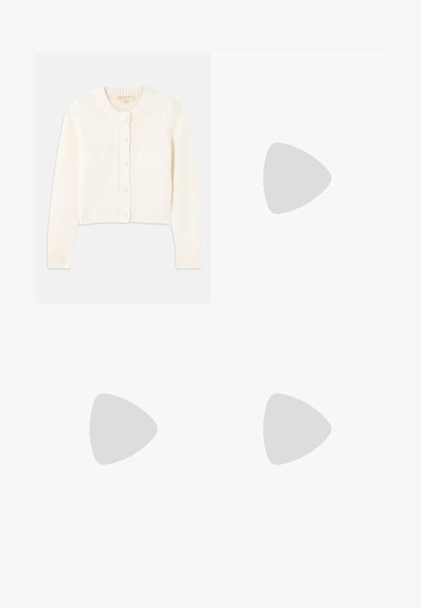 Cream-colored knitted cardigan with a round neck, five buttons, ribbed cuffs, and two front pockets. Smooth texture, cropped design.; White sleeveless top made of smooth fabric, featuring a round neck and subtle pleats on the shoulders, with a curved hemline.; Beige wide-leg pants made of cotton with a smooth texture. Features a button closure, front pockets, and a classic waistband design.; Leopard print flat shoes made of soft fur, featuring a pointed toe design and a low profile. Natural tones with black accents.