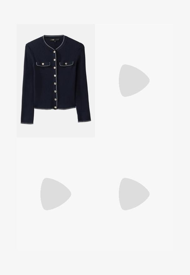Navy ribbed cardigan with long sleeves, round neckline, silver button closure, and two chest pockets outlined in white stitching.; Navy ribbed polo shirt featuring a pointed collar, short sleeves, and two front pockets with snap buttons; highlighted with white stitching accents.; Wide-leg trousers in light yellow fabric, featuring a smooth texture, front pockets, and a clean waistband design.; Black patent leather flat shoe with a squared toe, ankle strap featuring silver hardware, and flat sole. Smooth texture with minimalist design.; Black leather handbag with fringe details, gold chain shoulder strap, and a cut-out handle. Features logo placement on the front.