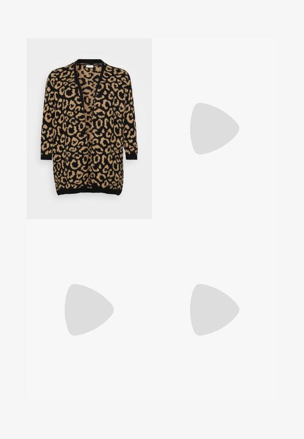 Leopard print cardigan in black and tan, oversized fit, open front, three-quarter sleeves, soft knit texture, ribbed cuffs and hem.; ONLY Carmakoma CAREA 2 WAYS FIT - Top - cloud dancer; Black flared pants made of smooth fabric. Features front pockets, a button fly, and a fitted waist that expands into a flared leg.; Black ankle boots made of smooth leather with a pointed toe and a short, thin heel. Features a seamless design and subtle stitching accents.