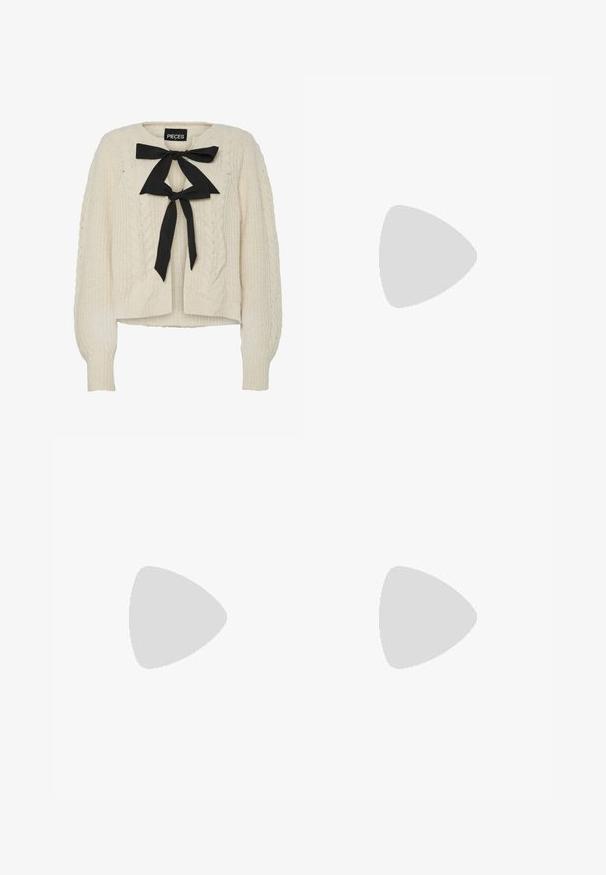 Cream cable-knit sweater with black ribbon tie at neckline, long sleeves, and ribbed cuffs and hem. Soft texture, casual fit.; White long-sleeve shirt featuring a collar, button-down front, and cuffs. Made of smooth fabric with a fitted design and no visible patterns.; Even&Odd Mini skirt - black; Even&Odd Platform boots - black