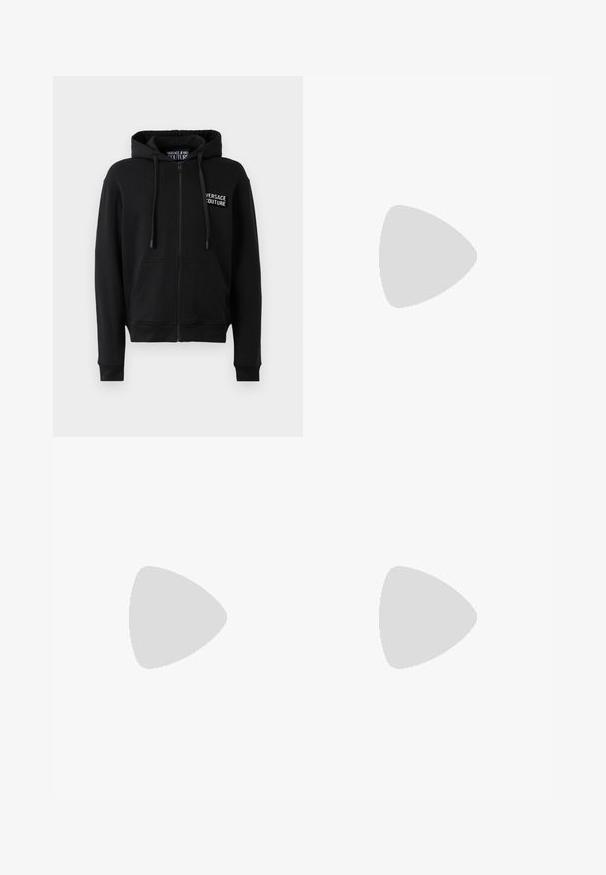 Black zip-up hoodie with a drawstring hood, featuring a front pocket and a white Versace Jeans Couture logo on the left chest. Soft fabric texture.; Black cotton t-shirt with short sleeves, featuring a round neckline and white "VERSACE JEANS COUTURE" logo printed along the collar.; Black sweatpants made of soft fabric, featuring a loose fit and an elastic waistband. Notable blue printed text along the side.; Black athletic sneaker with a textured mesh panel, thick rubber sole, contrasting accents, and a lace-up closure. Features a rear pull tab.
