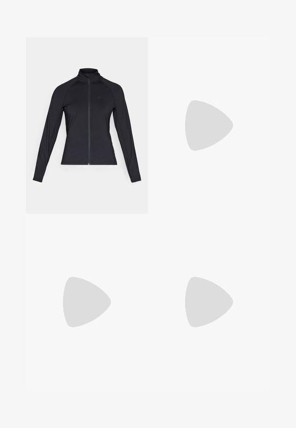 Black long-sleeve zip-up jacket with a high collar, made of smooth, stretchable material, featuring raglan sleeves and a minimal logo.; Olive green tank top made from smooth fabric, featuring a round neckline, sleeveless design, and subtle seam detailing.; Black ribbed leggings with a high waistband, made from stretchy material. Features a smooth texture with vertical patterns throughout.; Black athletic shoe featuring mesh upper, round toe, and three white stripes on the side. Lightweight sole with textured rubber outsole for grip.